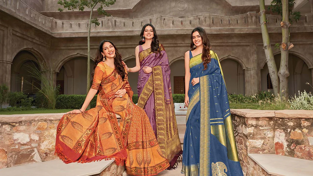 Five beautiful sarees for various events: formal, semi-formal, casual, traditional, and celebratory occasions